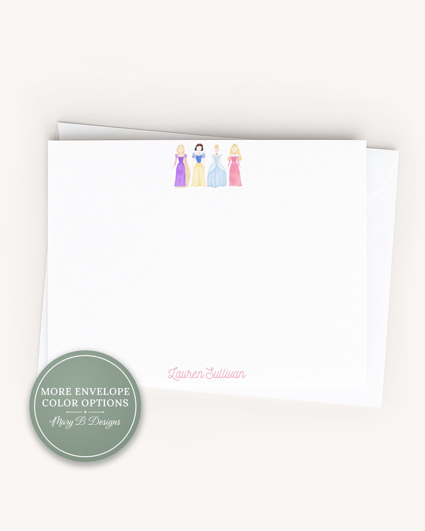 Personalized A2 Size Watercolor Princess Pink Gingham Stationery, Colorful Girl Fairytale Flat Notecard Set