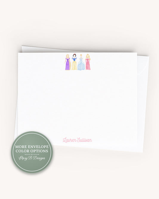 Personalized A2 Size Watercolor Princess Pink Gingham Stationery, Colorful Girl Fairytale Flat Notecard Set