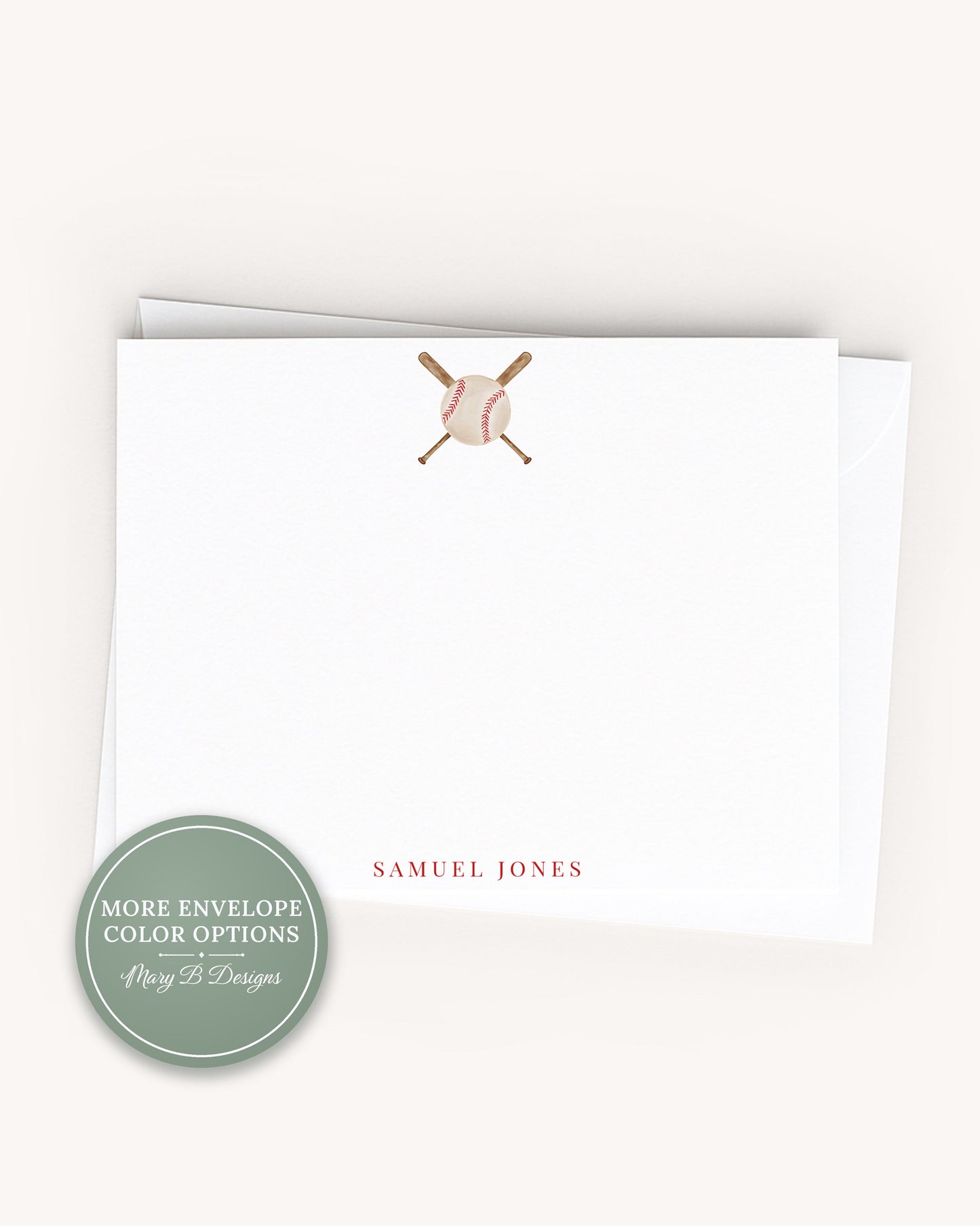 Personalized A2 Size Watercolor Bat and Ball Baseball Stationery, Boy Sports Flat Notecard Set