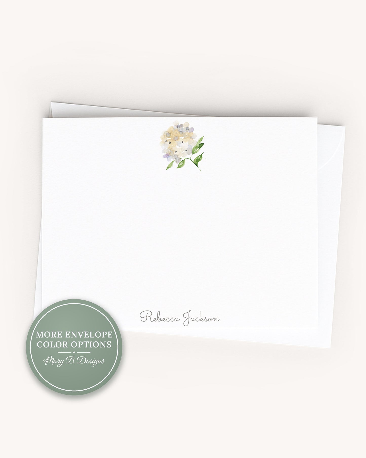 Personalized A2 Size Watercolor Green Yellow Hydrangea Stationery, Girl Floral Women Flat Notecard Set