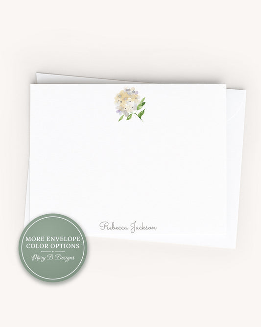 Personalized A2 Size Watercolor Green Yellow Hydrangea Stationery, Girl Floral Women Flat Notecard Set