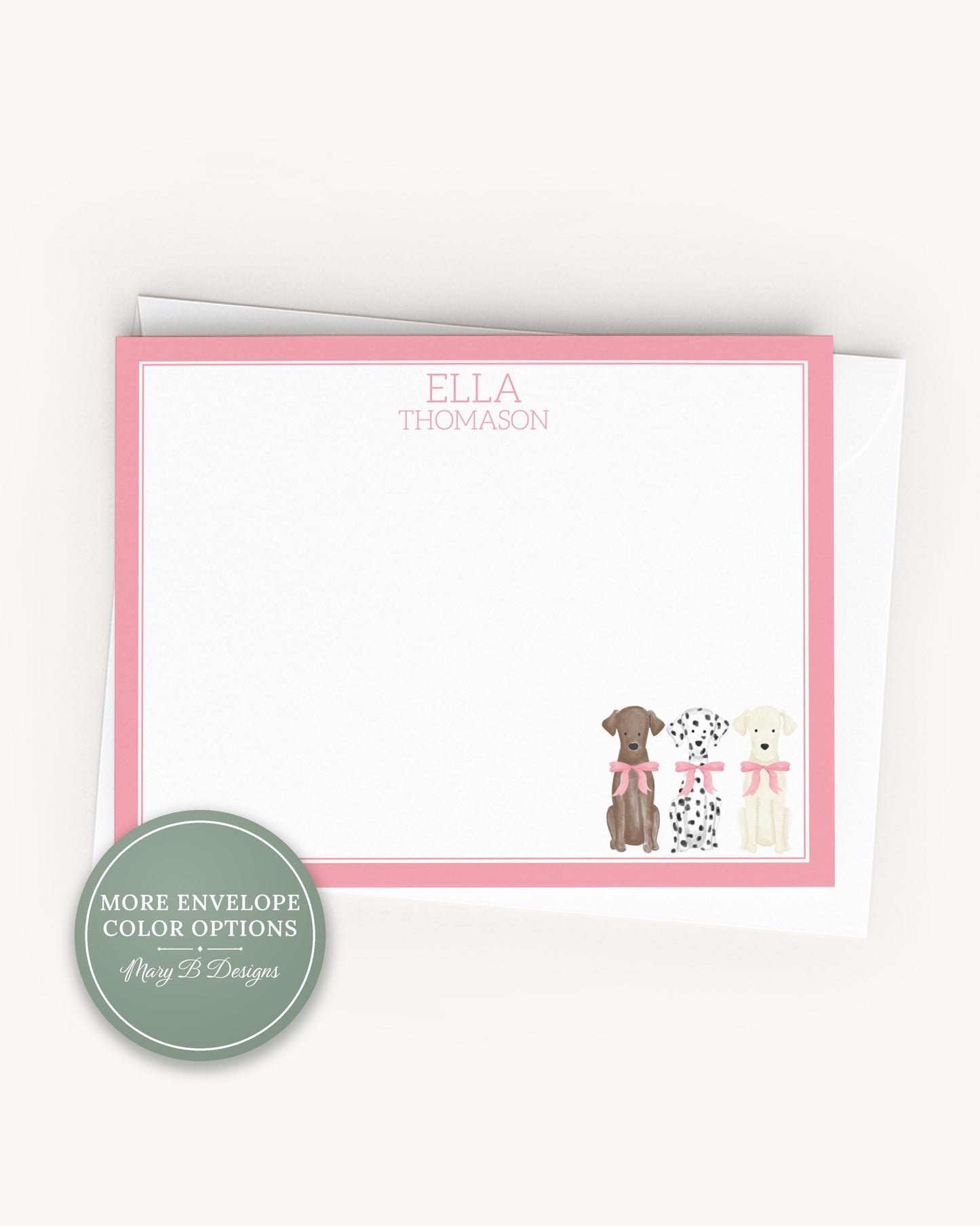 Personalized A2 Size Watercolor Pink Bow Dog Stationery, Puppy Girl Flat Notecard Set