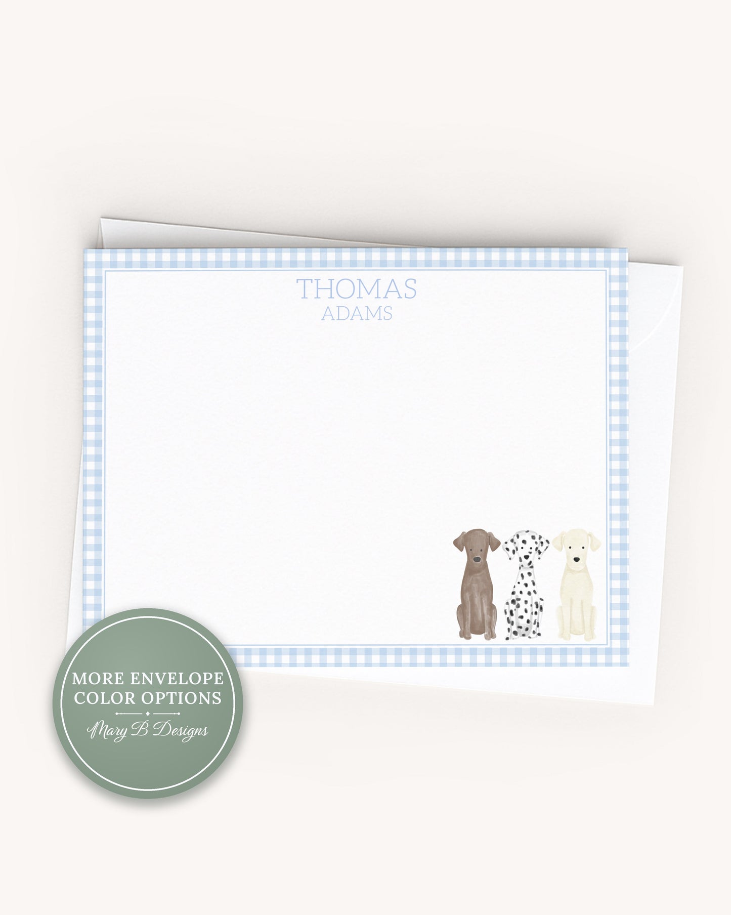 Personalized A2 Size Watercolor Puppy Dog Stationery, Boy Blue Gingham Labrador Lab Flat Notecard Set