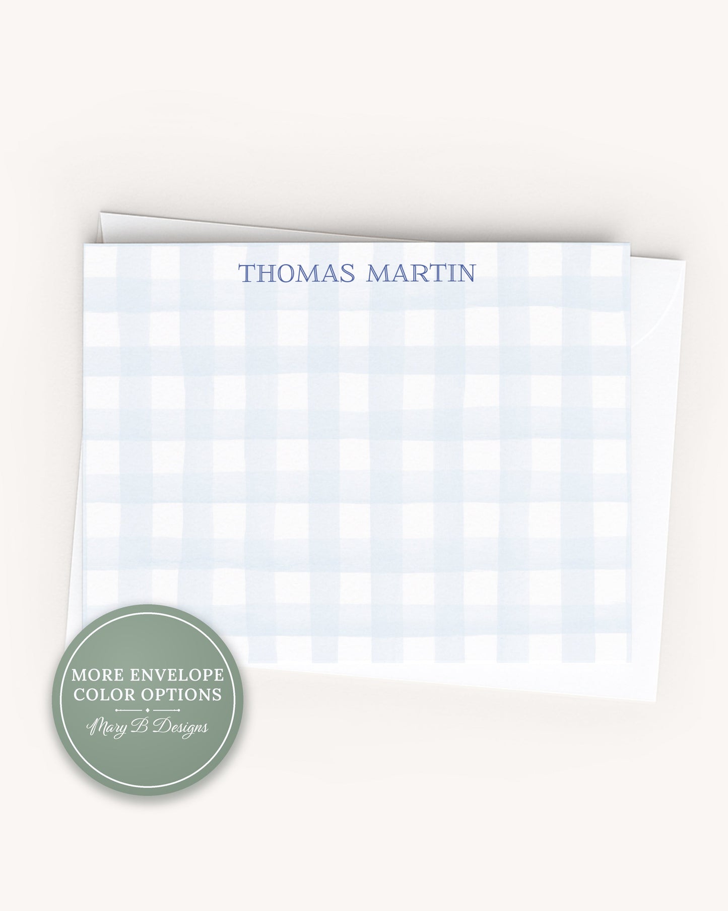 Personalized A2 Size Watercolor Gingham Stationery, Boy Blue Flat Notecard Set
