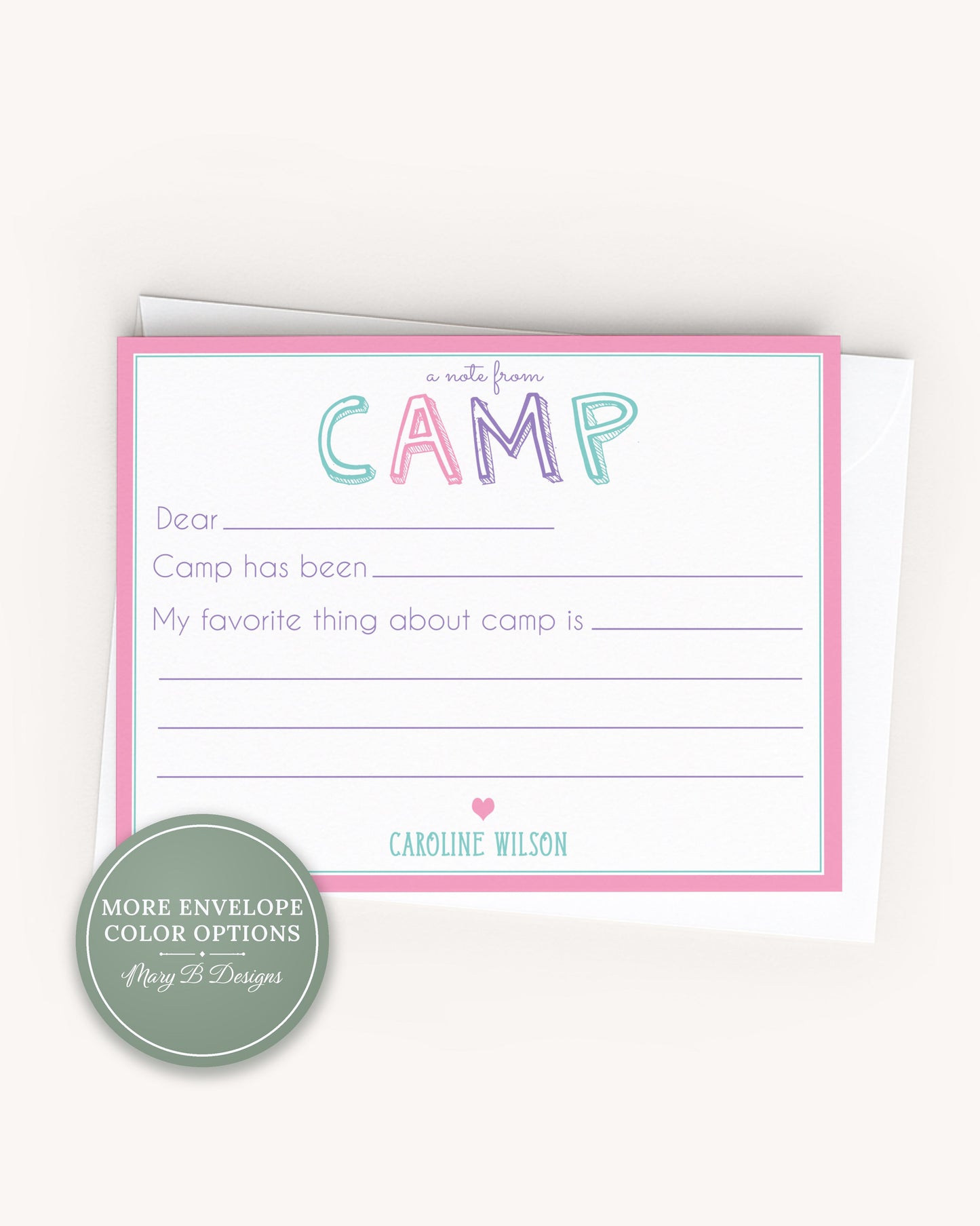 Personalized A2 Size Girl Camp Notes Stationery, Colorful Pink Summer Camp Flat Notecard Set