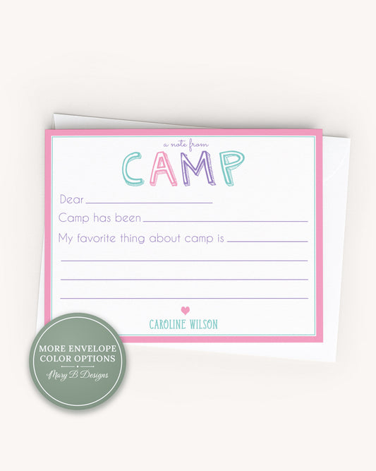 Personalized A2 Size Girl Camp Notes Stationery, Colorful Pink Summer Camp Flat Notecard Set