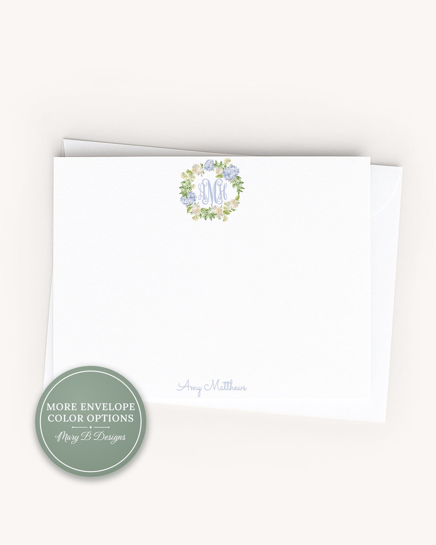 Personalized A2 Size Watercolor Hydrangea Monogram Wreath Stationery, Women Girl Flat Notecard Set