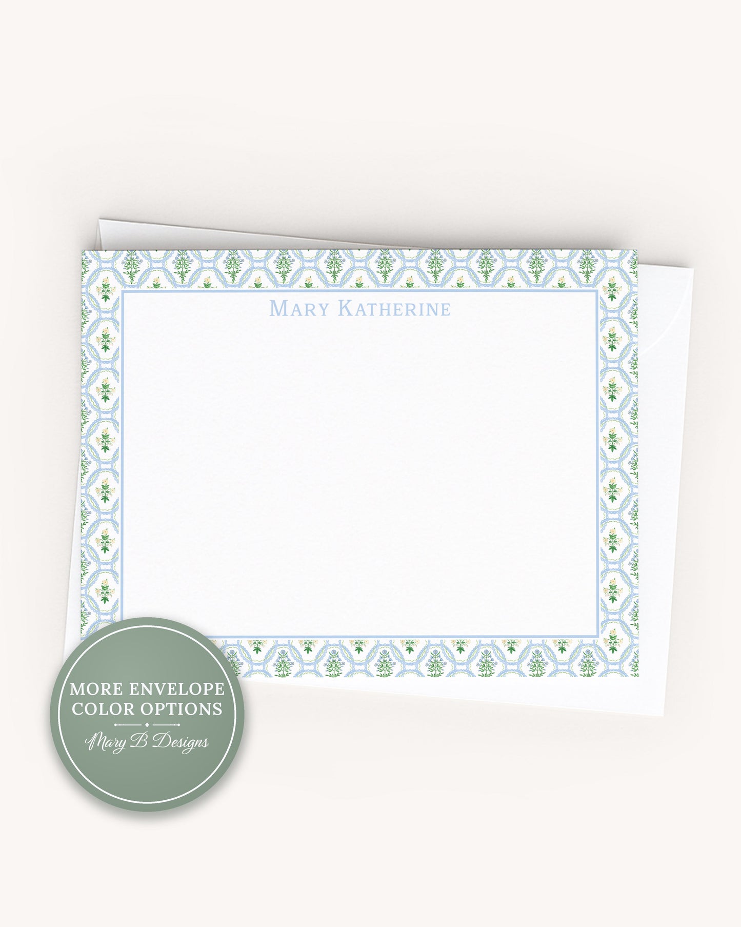 Personalized A2 Size Watercolor Greenery Stationery, Girl Floral Flat Notecard Set
