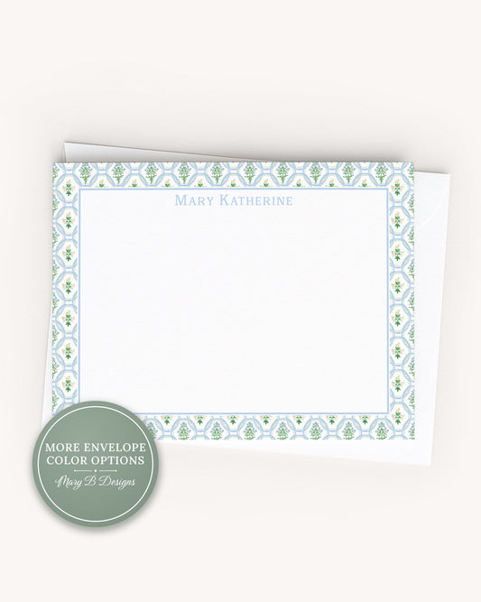 Personalized A2 Size Watercolor Greenery Stationery, Girl Floral Flat Notecard Set