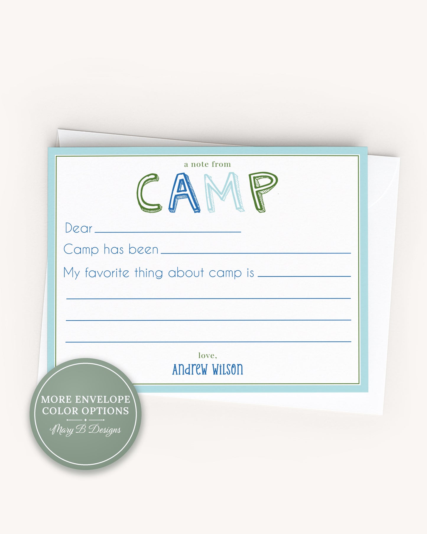 Personalized A2 Size Boy Camp Notes Stationery, Boys Summer Camp Flat Notecard Set