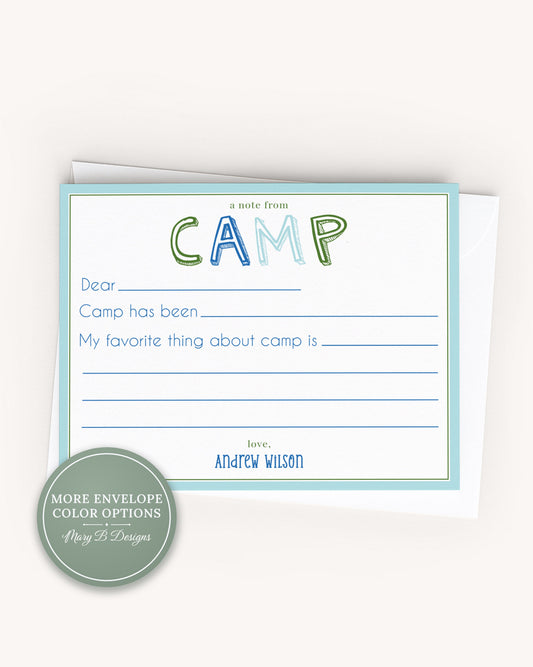 Personalized A2 Size Boy Camp Notes Stationery, Boys Summer Camp Flat Notecard Set