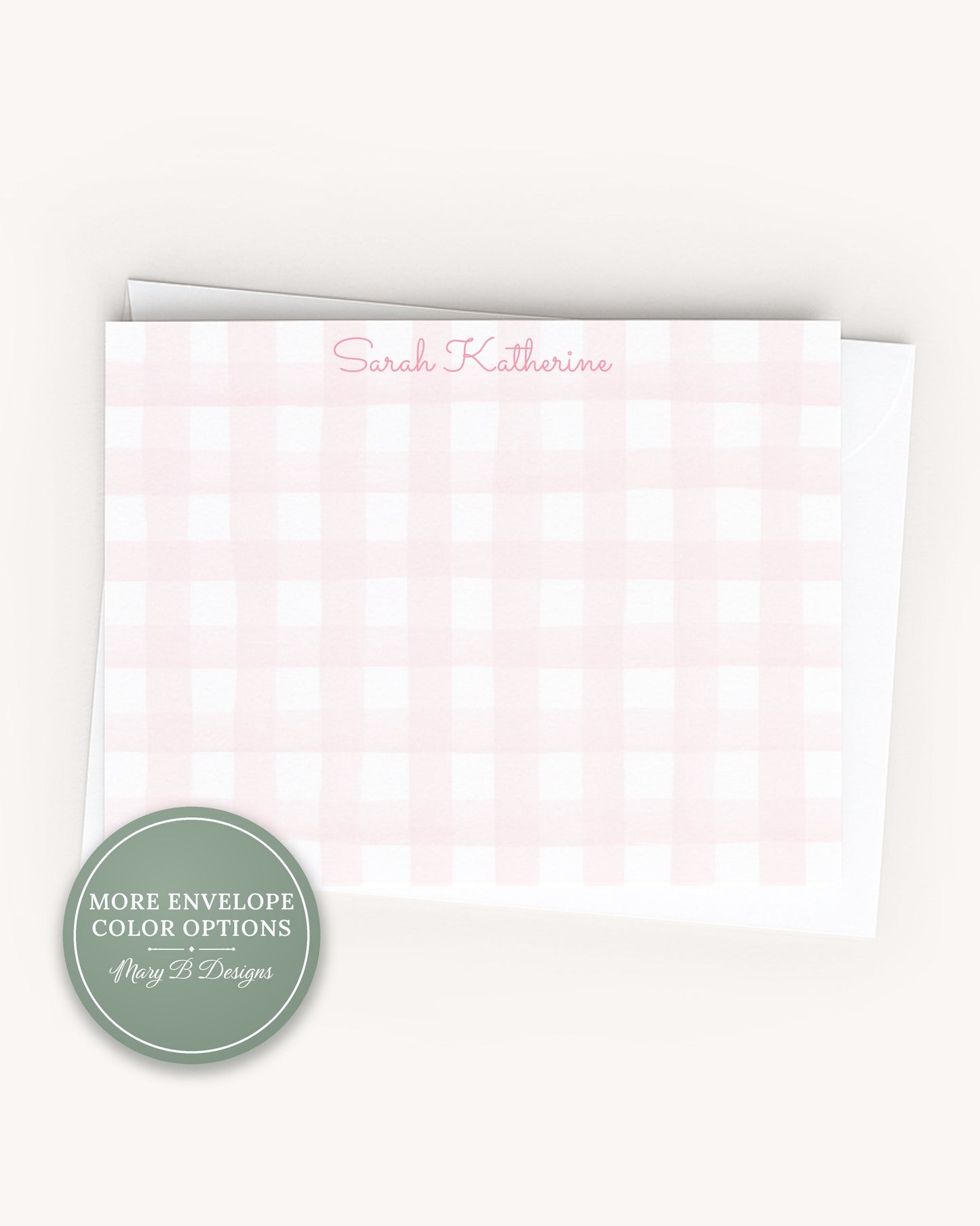 Personalized A2 Size Pink Watercolor Gingham Stationery, Colorful Girl Women Flat Notecard Set