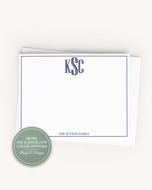 Personalized A2 Size Block Simple Monogram Stationery, Family Boy Men Flat Notecard Set