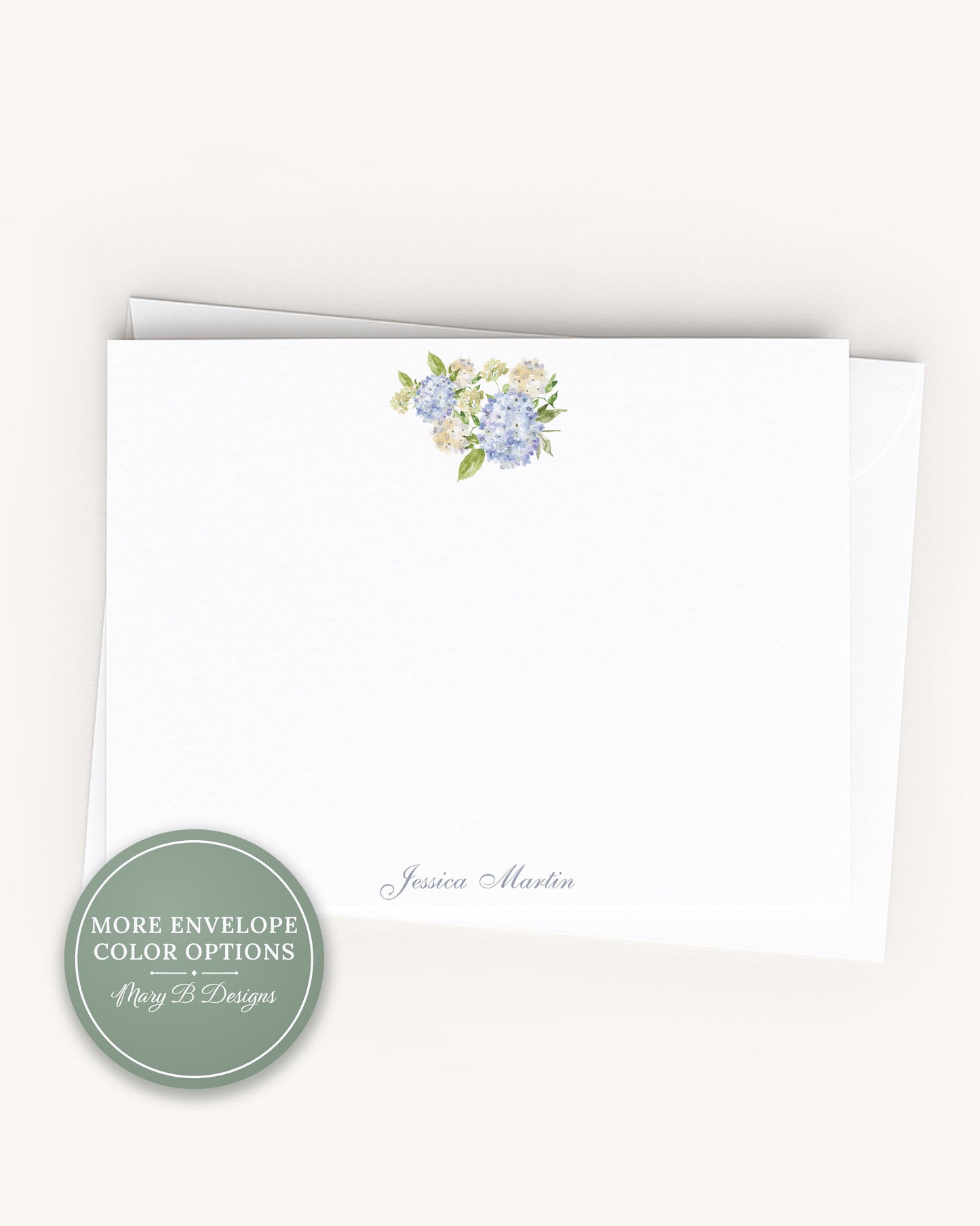 Personalized A2 Size Watercolor Green Blue Hydrangea Stationery, Floral Girl Women Flat Notecard Set