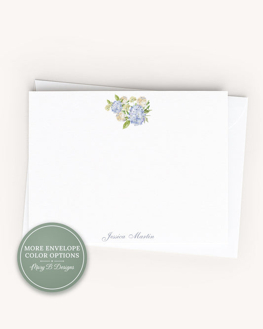 Personalized A2 Size Watercolor Green Blue Hydrangea Stationery, Floral Girl Women Flat Notecard Set