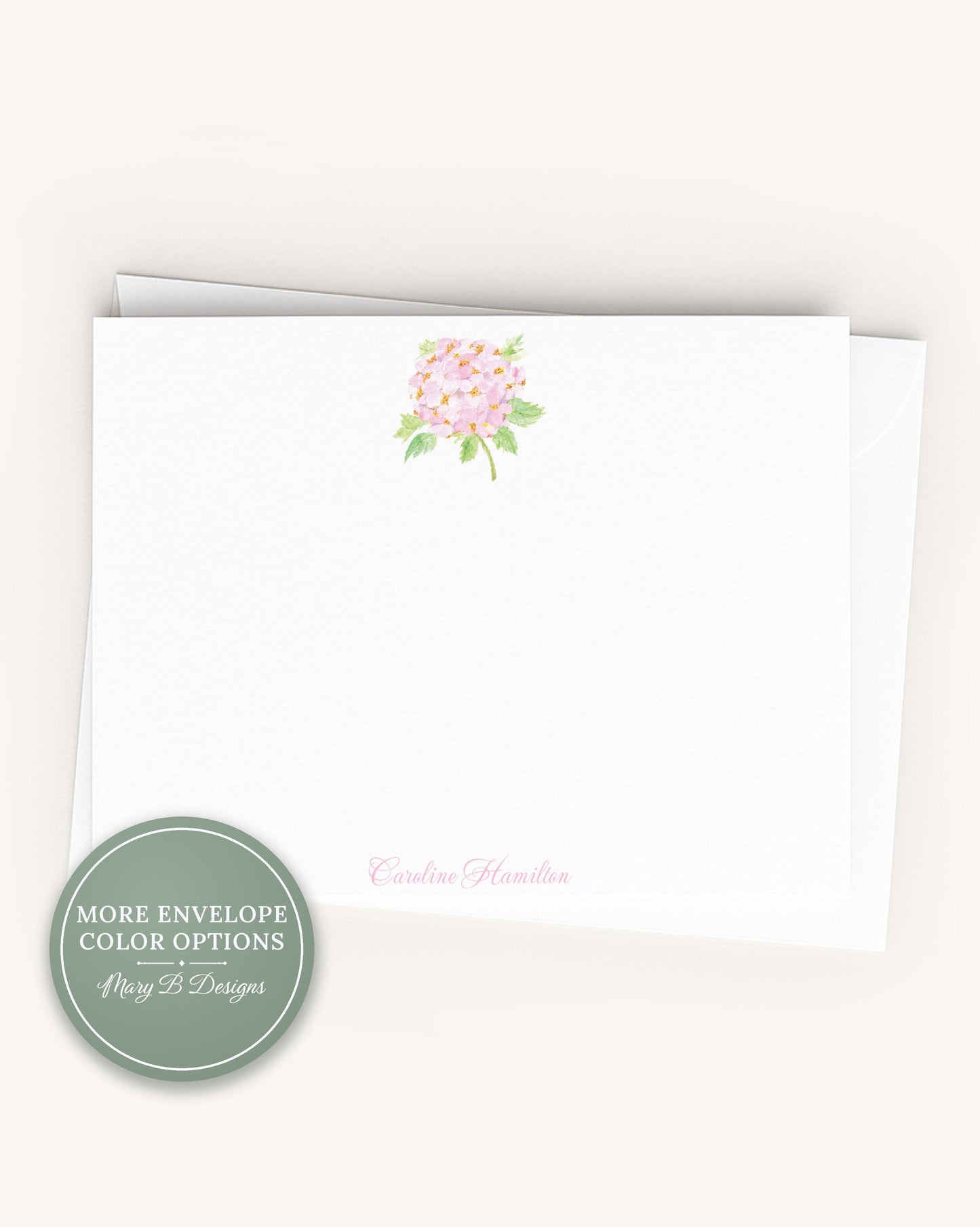 Personalized A2 Size Watercolor Pink Hydrangea Stationery, Floral Women Girl Flat Notecard Set