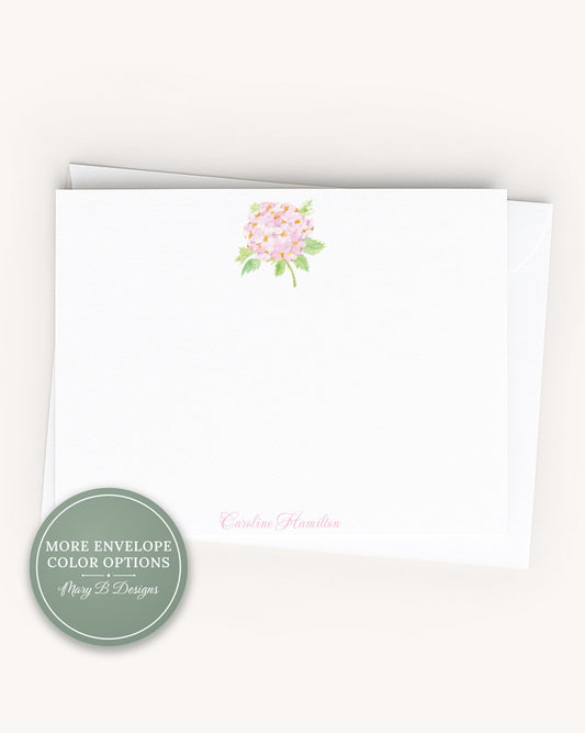 Personalized A2 Size Watercolor Pink Hydrangea Stationery, Floral Women Girl Flat Notecard Set