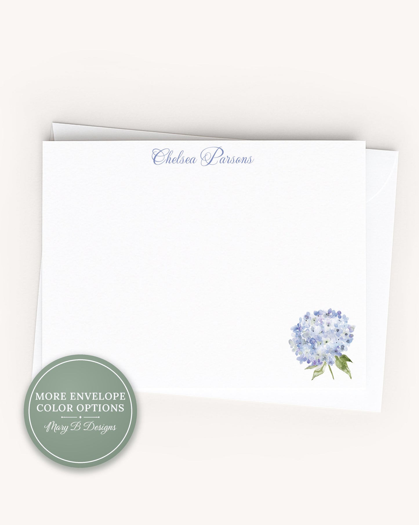 Personalized A2 Size Watercolor Blue Purple Hydrangea Stationery, Floral Women Girl Flat Notecard Set