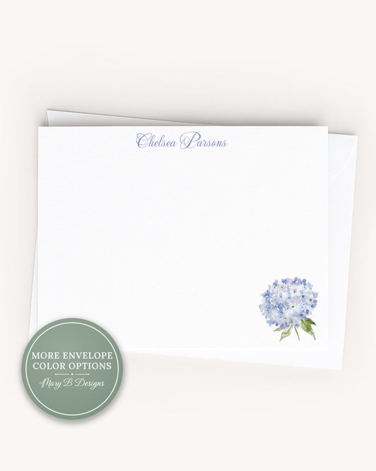 Personalized A2 Size Watercolor Blue Purple Hydrangea Stationery, Floral Women Girl Flat Notecard Set