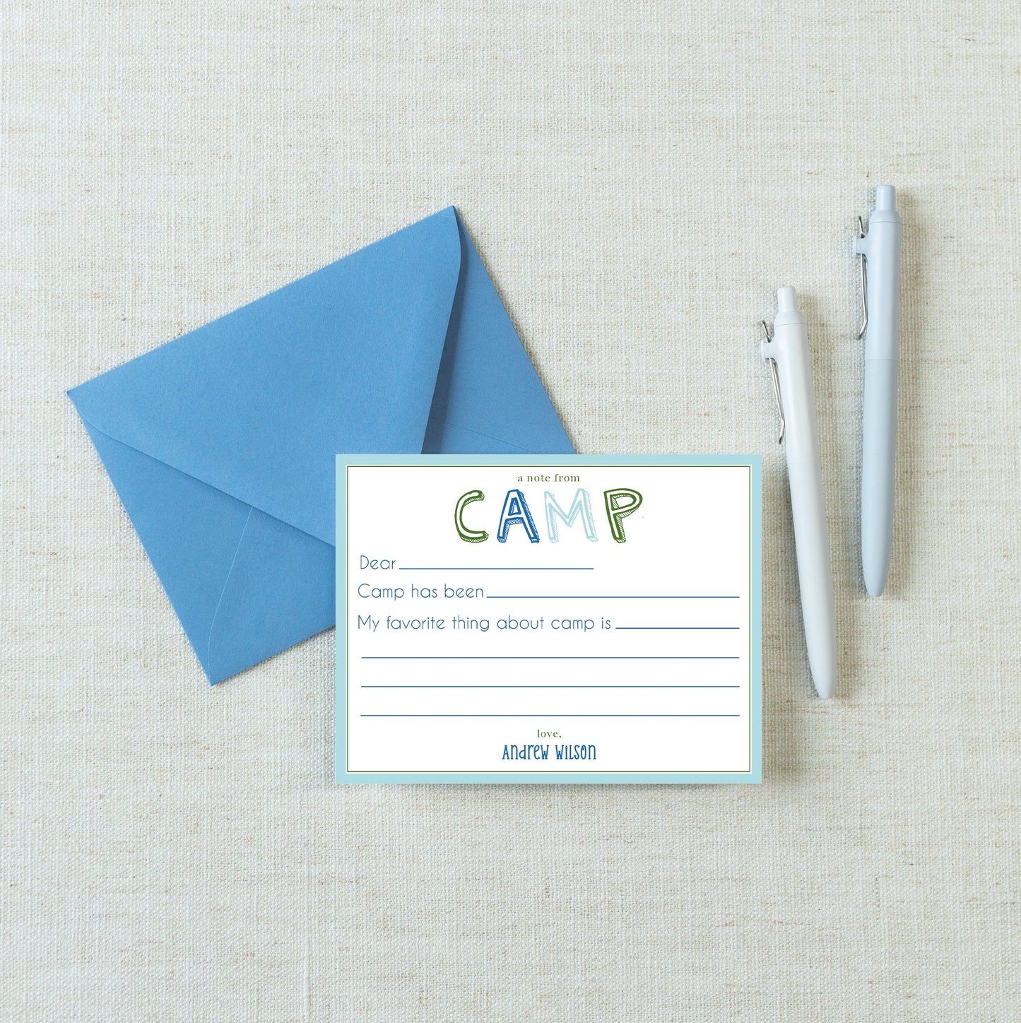 Personalized A2 Size Boy Camp Notes Stationery, Boys Summer Camp Flat Notecard Set