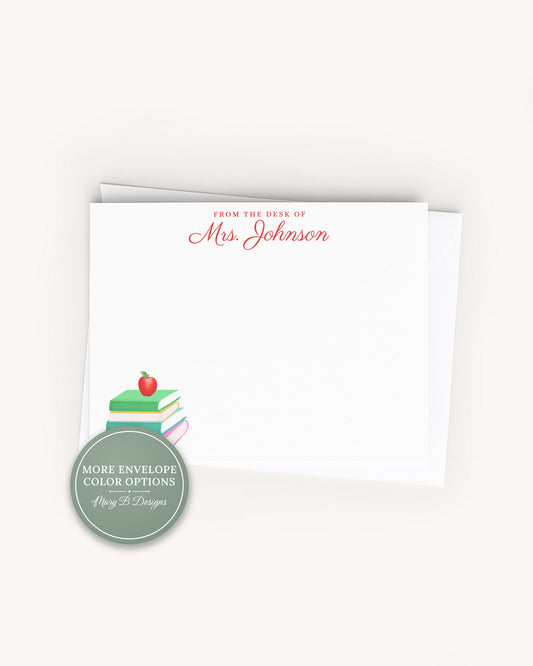 Personalized Teacher Apple Stationery, Back to school Flat Notecard Set, Book Stack