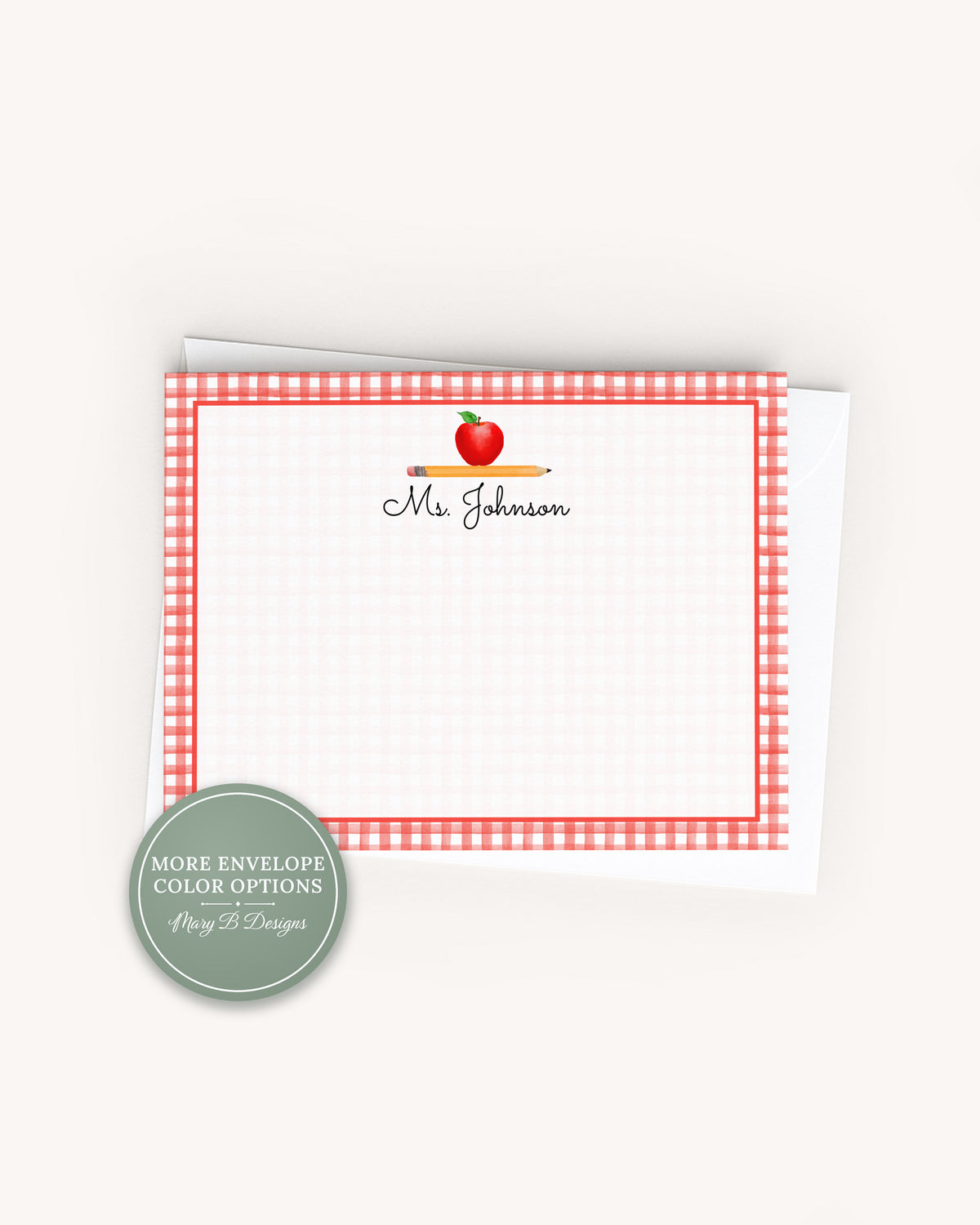 Personalized Gingham Teacher Flat Note Card, Woman Apple Pencil Notecard Set, Back to school stationery