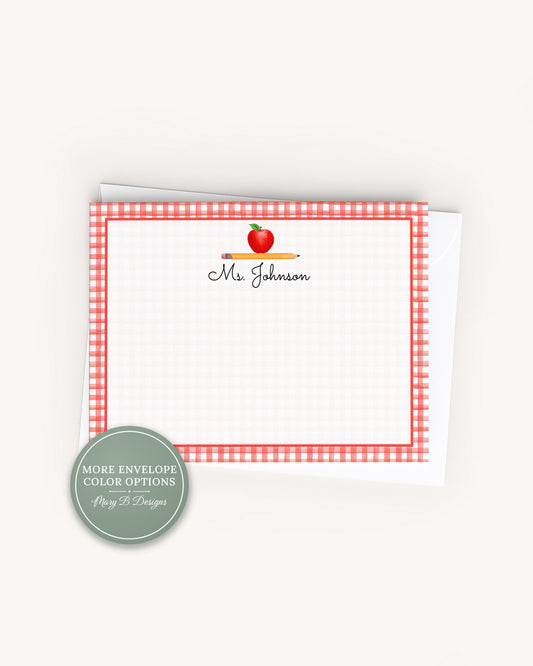 Personalized Gingham Teacher Flat Note Card, Woman Apple Pencil Notecard Set, Back to school stationery