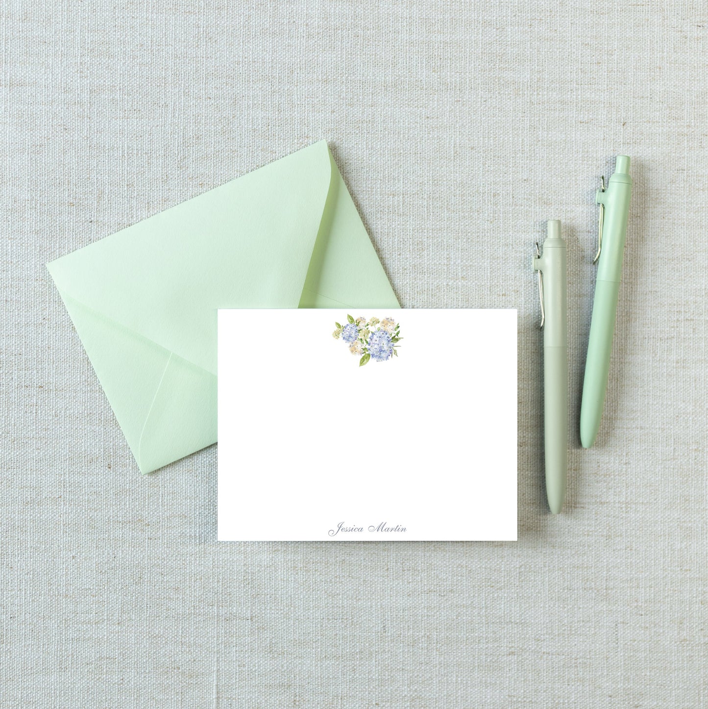 Personalized A2 Size Watercolor Green Blue Hydrangea Stationery, Floral Girl Women Flat Notecard Set