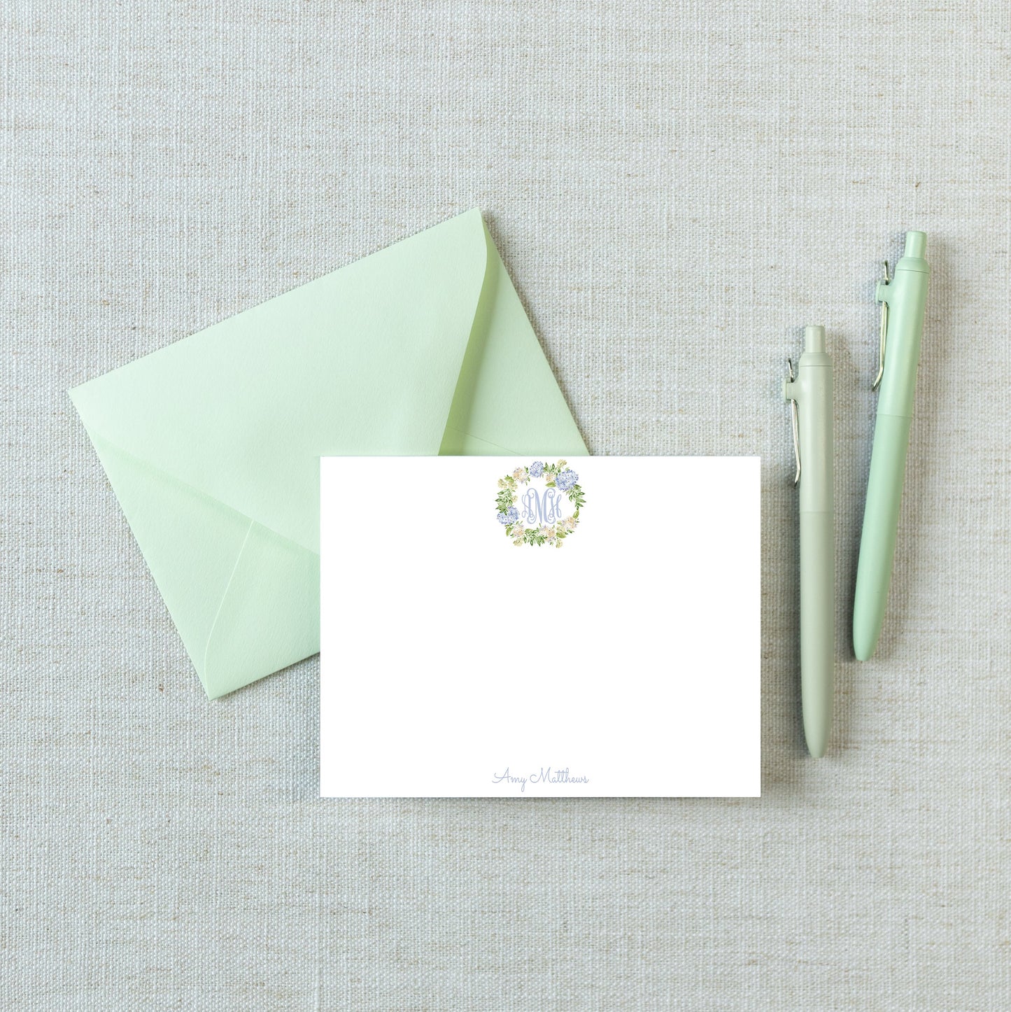 Personalized A2 Size Watercolor Hydrangea Monogram Wreath Stationery, Women Girl Flat Notecard Set