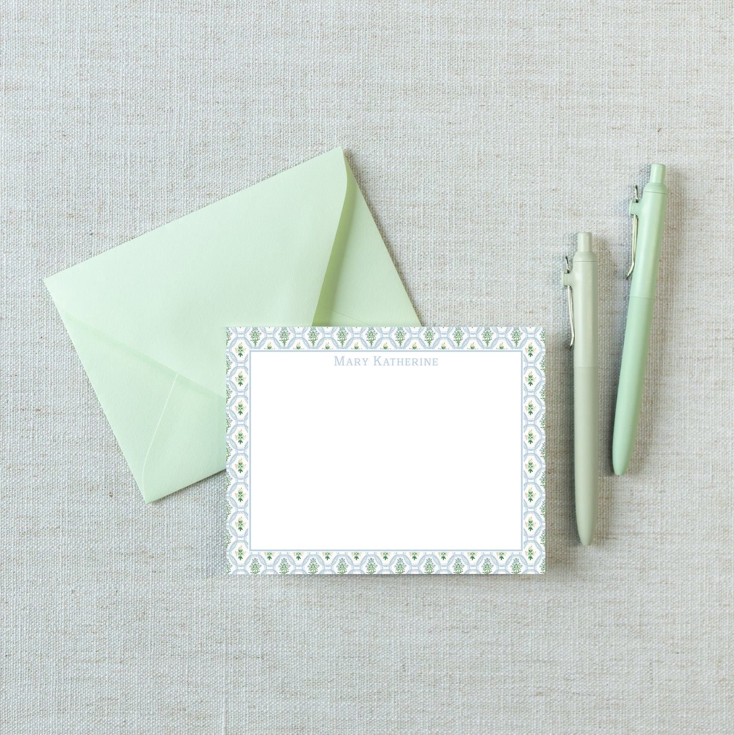 Personalized A2 Size Watercolor Greenery Stationery, Girl Floral Flat Notecard Set
