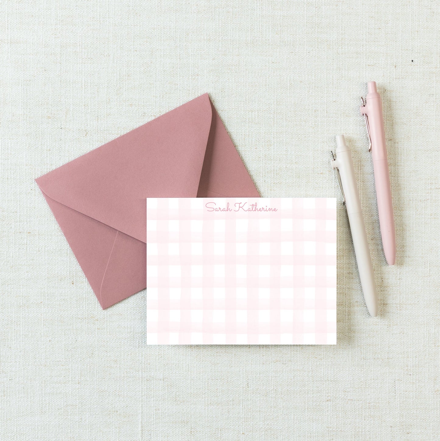 Personalized A2 Size Pink Watercolor Gingham Stationery, Colorful Girl Women Flat Notecard Set