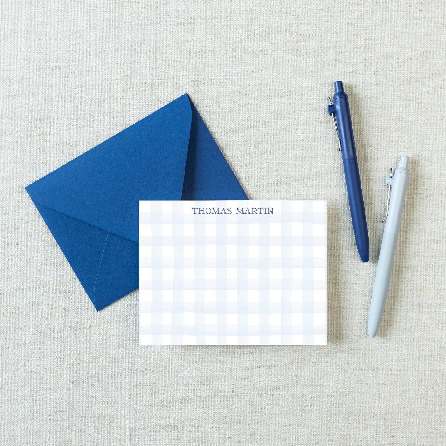 Personalized A2 Size Watercolor Gingham Stationery, Boy Blue Flat Notecard Set