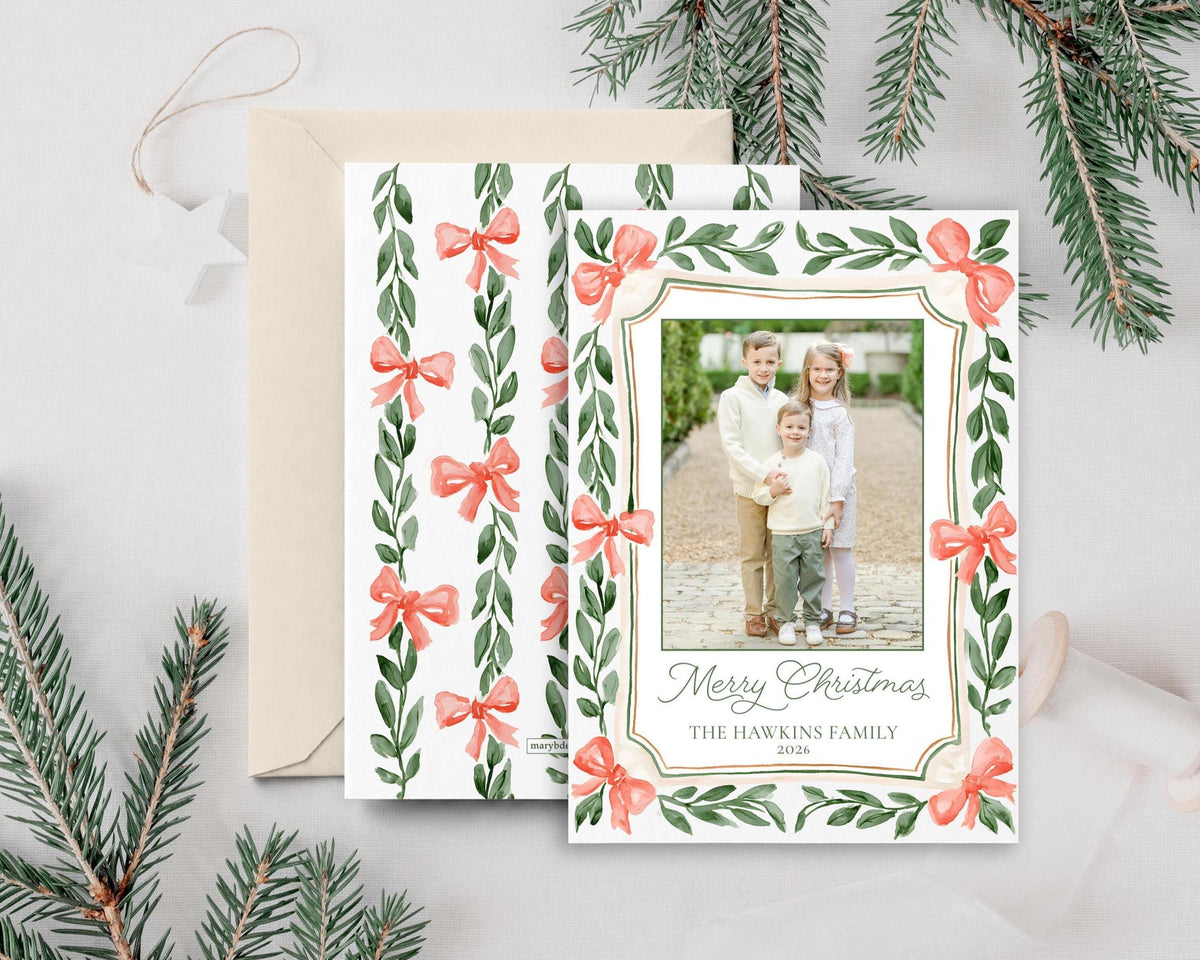 Custom Personalized Photo Christmas Cards - Bow Garland