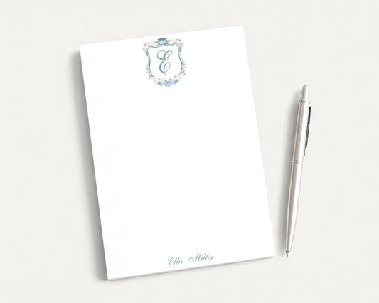 Personalized 5.5X5.5 or 5X7 Watercolor Hydrangea Crest Notepad, Floral Women Initial Note