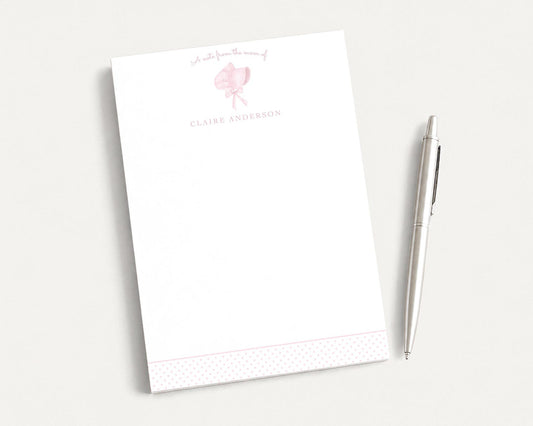Personalized 5.5X5.5 or 5X7 Pink Bonnet Notepad, Baby Girl Newborn Note