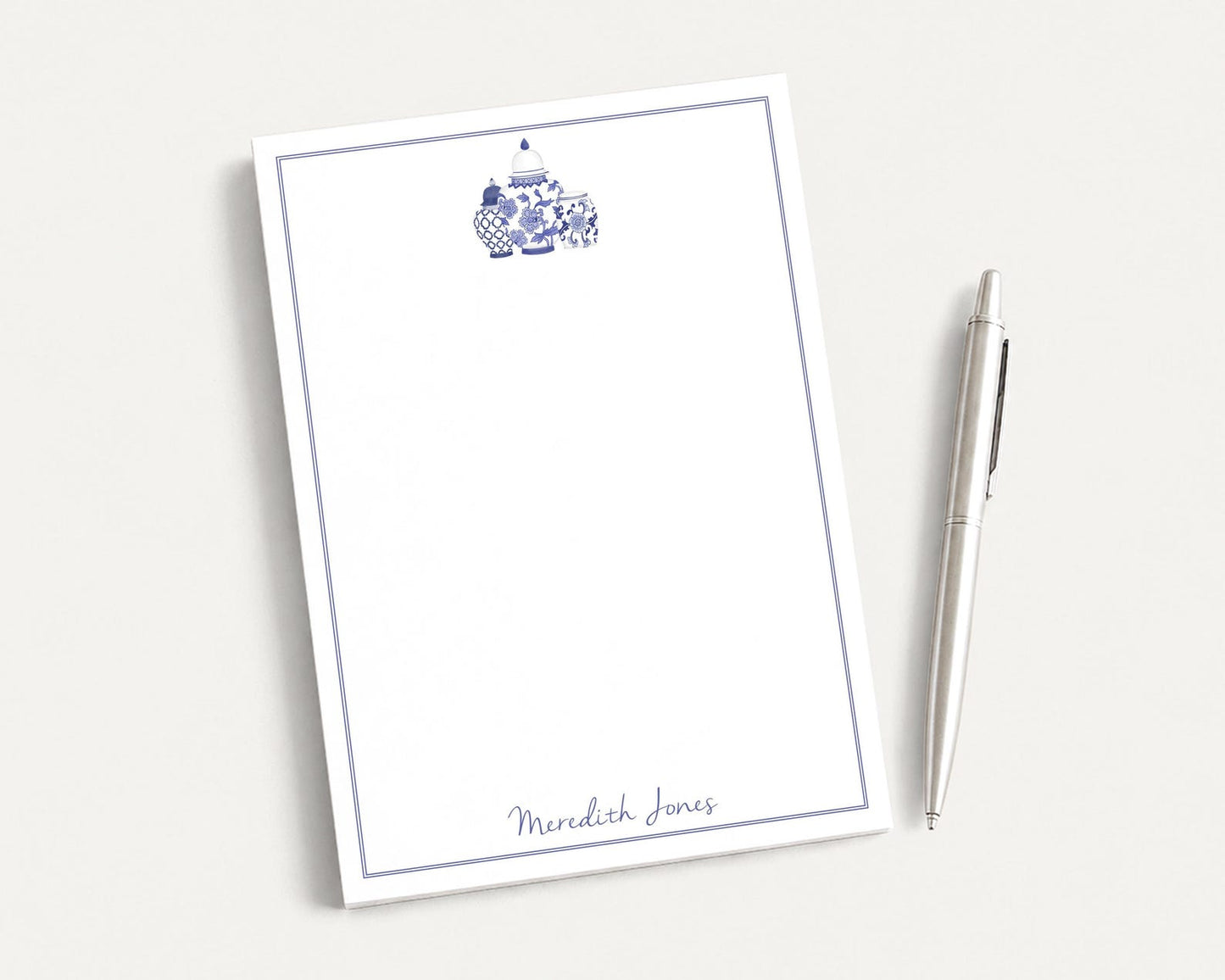 Personalized 5.5X5.5 or 5X7 Watercolor Ginger Jar Notepad, Women Blue Chinoiserie Note