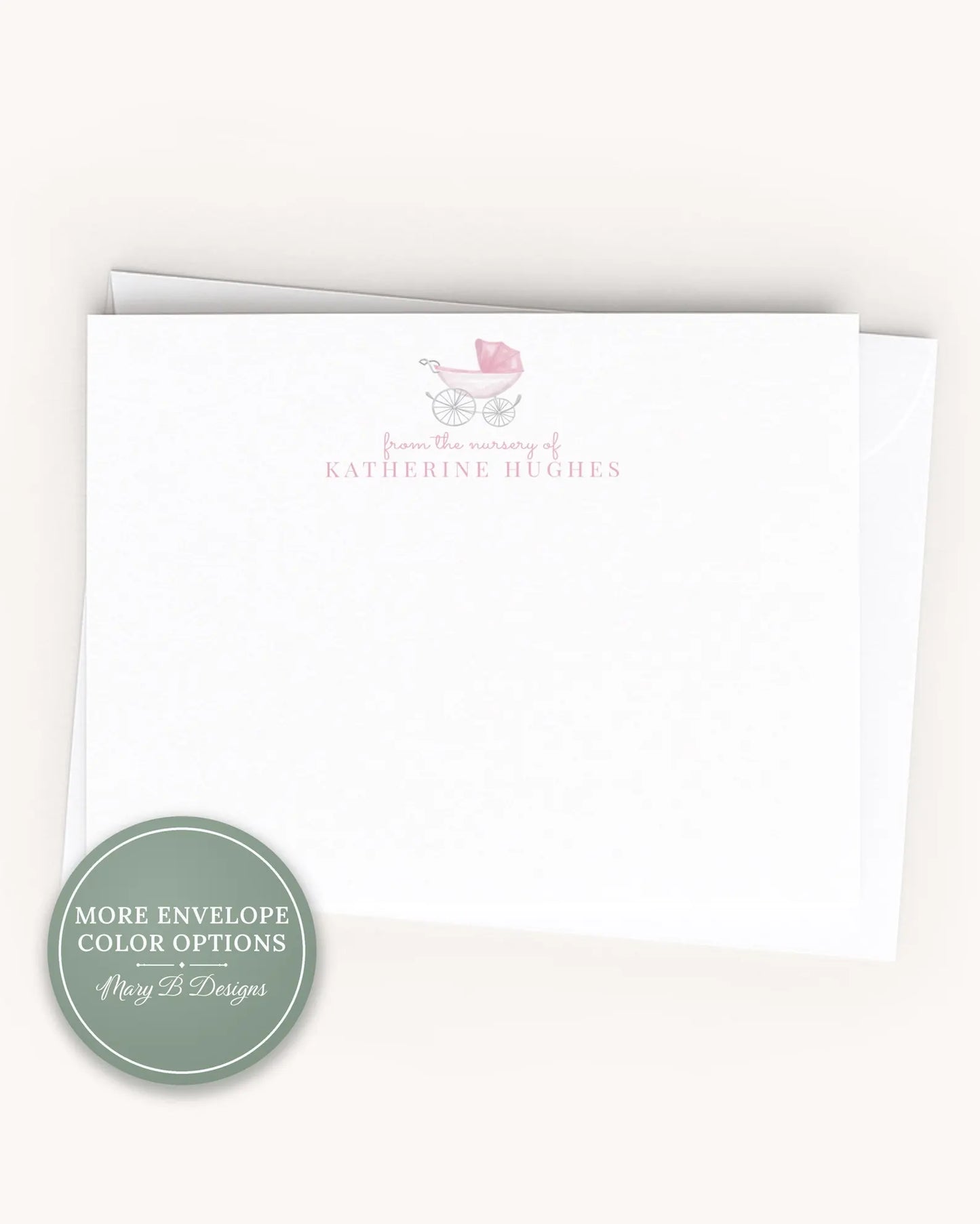 Personalized A2 Size Watercolor Baby Carriage Stationery, Pink Newborn Girl Flat Notecard Set