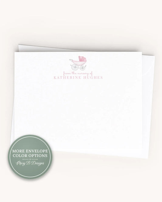 Personalized A2 Size Watercolor Baby Carriage Stationery, Pink Newborn Girl Flat Notecard Set