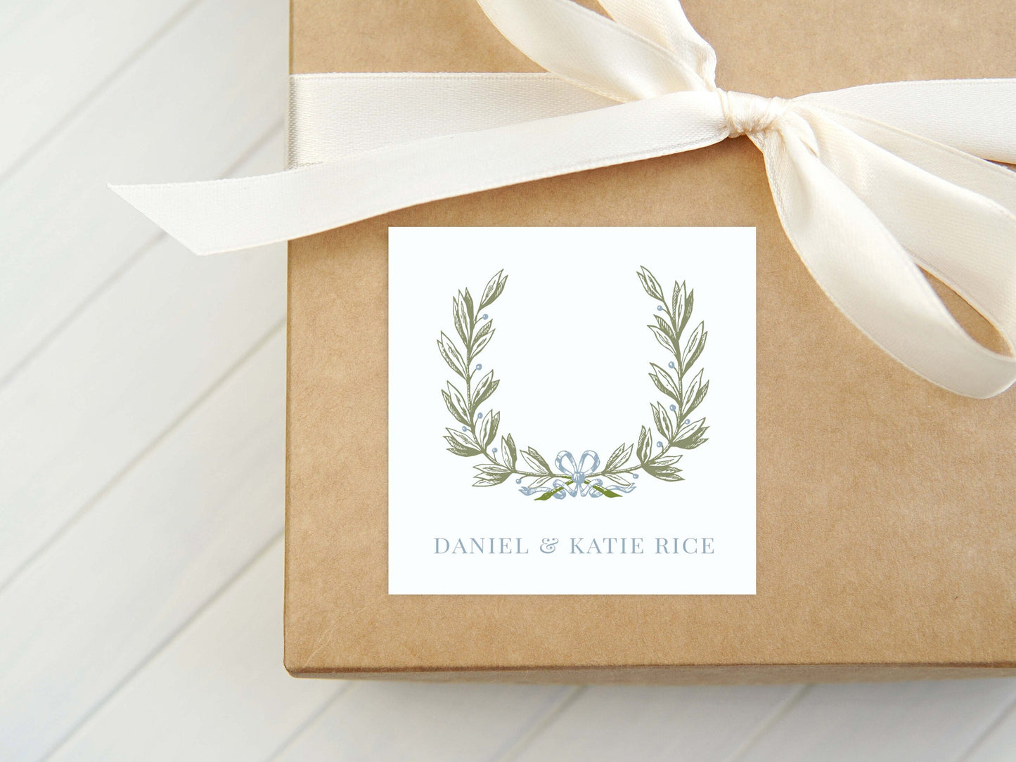 Personalized Laurel Wreath Calling Card, Blue Bow Enclosure Card, Women, Monogram Family Gift Tag