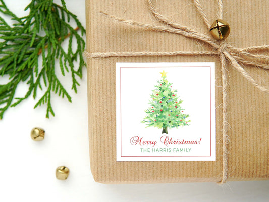 Personalized Watercolor Christmas Green Tree Calling Card or Sticker | Christmas Tree Enclosure Card | Family Square Gift Tag and Stickers
