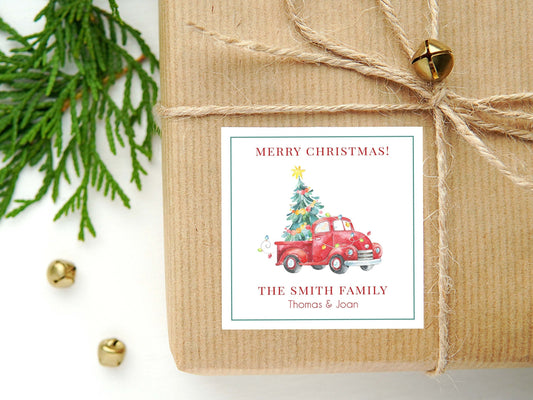 Personalized Watercolor Christmas Calling Card or Sticker | Christmas Tree Truck Enclosure Card | Family Square Gift Tag and Stickers