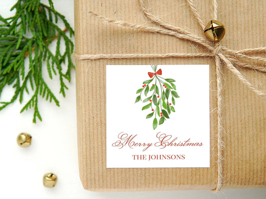 Personalized Watercolor Christmas Calling Card or Sticker | Mistletoe Enclosure Card | Family Holiday Square Gift Tag and Stickers