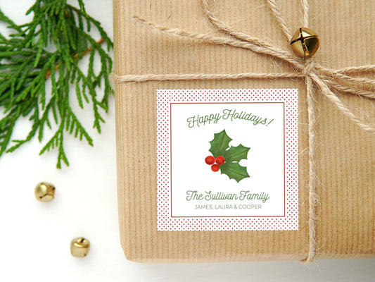 Personalized Watercolor Christmas Calling Card or Sticker | Happy Holidays Enclosure Card | Holly Family Square Gift Tag and Stickers