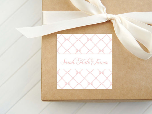 Personalized Watercolor Pink Bow Trellis Calling Card, Bow Girl Enclosure Card, Baby Gift Tag