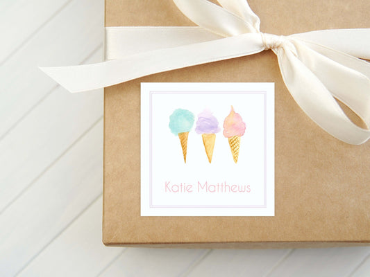 Personalized Watercolor Ice Cream Calling Card, Kid Stationery Square Card, Summer Girl Gift Tag