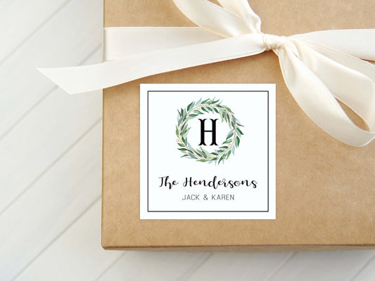Personalized Watercolor Last Name Calling Card, Wreath Enclosure Card, Initial Family Gift Tag