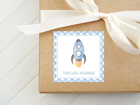 Personalized Watercolor Rocket Calling Card, Kid Stationery Space Square Card, Baby Boy Gift Tag