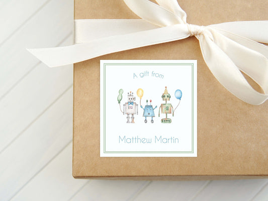 Personalized Watercolor Robots Calling Card, Kid Stationery Birthday Square Card, Baby Boy Gift Tag