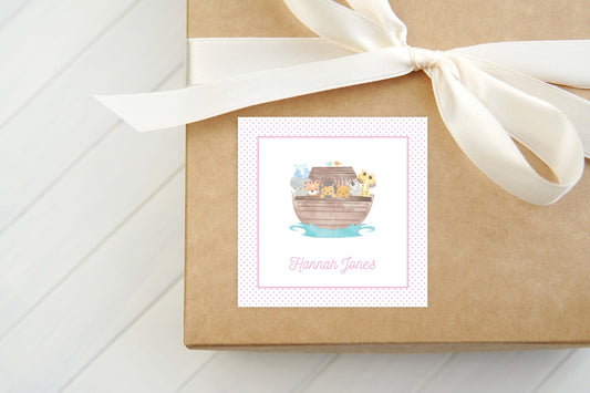 Personalized Noah's Ark Child Calling Card, Girl Enclosure Card, Square Gift Tag