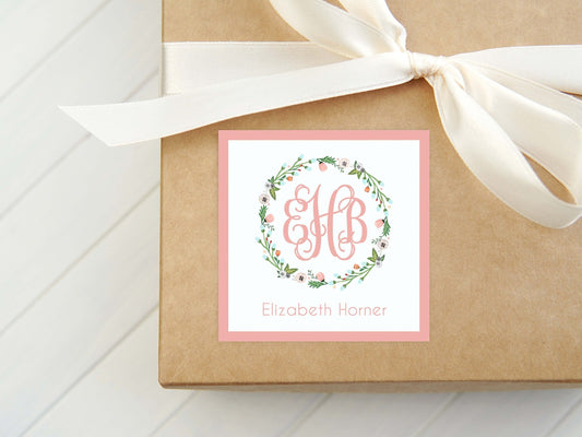 Personalized Monogram Floral Wreath Calling Card, Girl Enclosure Card, Square Gift Tag